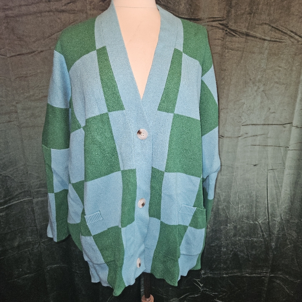LALA ORIGINAL Love You Oversized Checkerboard Cardigan in Emerald + Sky - Picture 2 of 8
